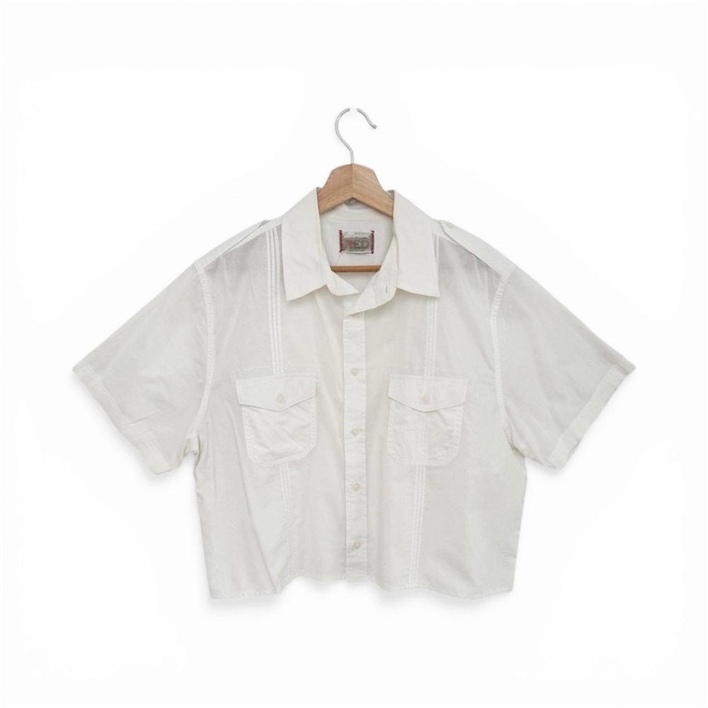 Reworked White Cropped Short Sleeve Cabana Shirt